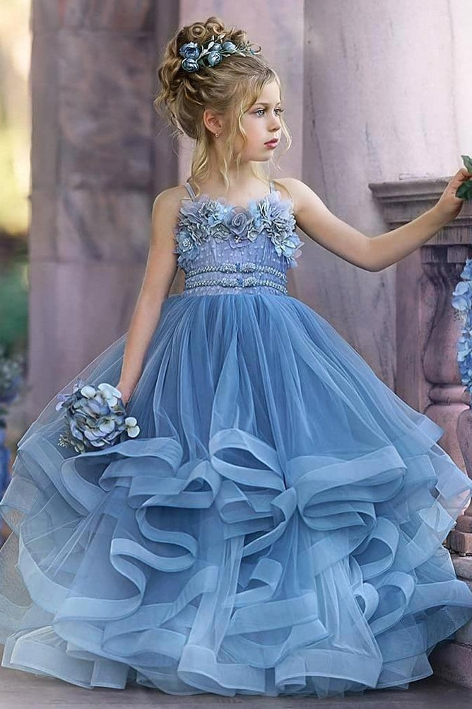 Floral Strapless Dusty Blue Ruffles Puffy Princess Flower Girl Dresses-Ballbella