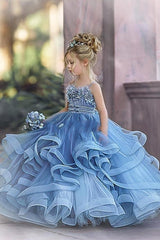 Floral Strapless Dusty Blue Ruffles Puffy Princess Flower Girl Dresses-Ballbella