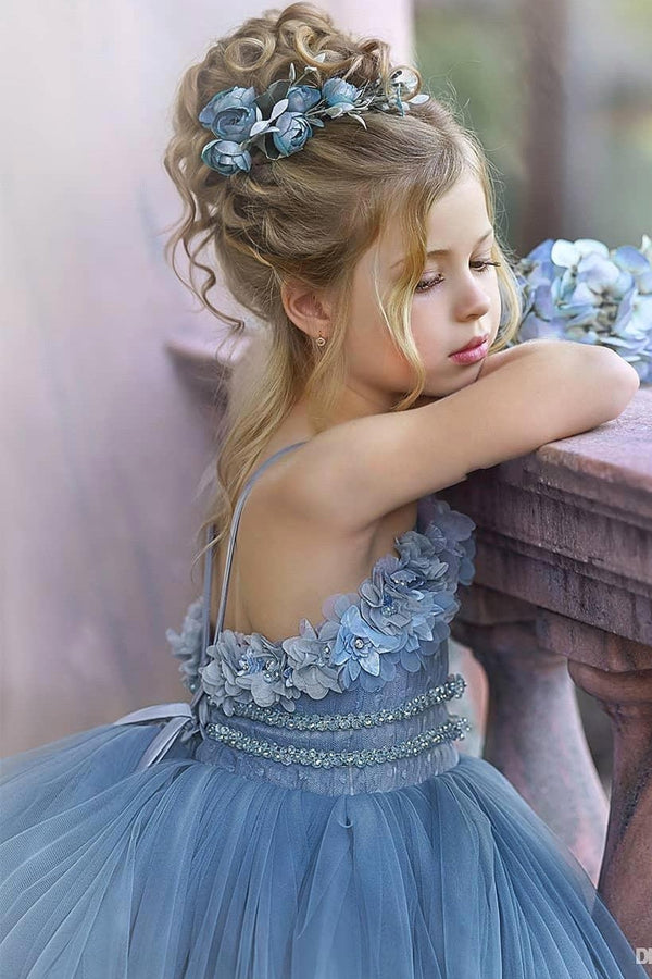 Floral Strapless Dusty Blue Ruffles Puffy Princess Flower Girl Dresses-Ballbella