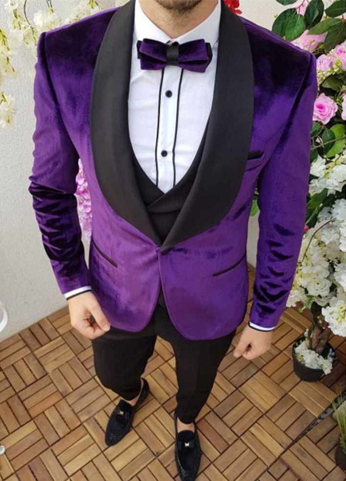 Formal Party Dress Outfit Men's Wear Purple Black Shawl Lapel Velvet Smoking Tuxedos-Ballbella