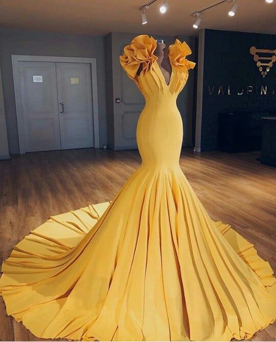 Ginger Yellow Fit and Flare Prom Dresses Ruffles Court Train Wholesale Evening Gowns-Ballbella