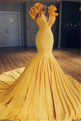 Ginger Yellow Fit and Flare Prom Dresses Ruffles Court Train Wholesale Evening Gowns-Ballbella