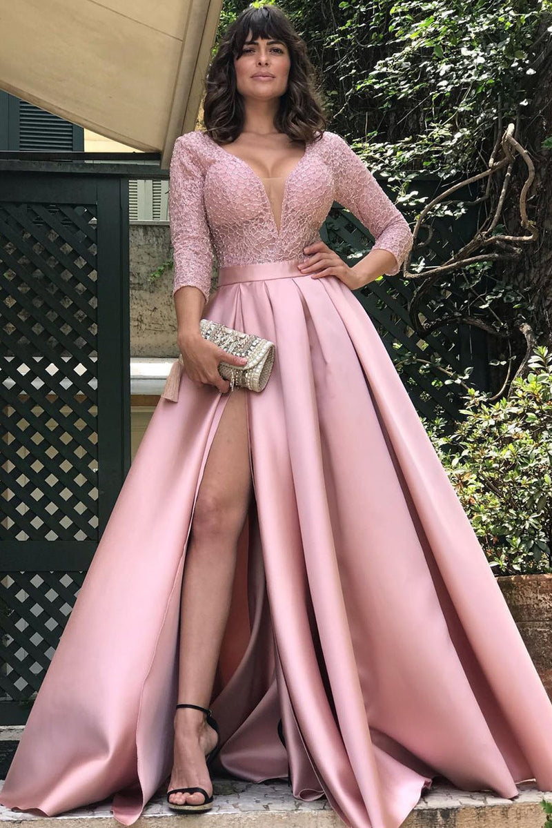 Glamorous 3/4 Sleeves Lace Prom Dress Long With Slit Online-Ballbella