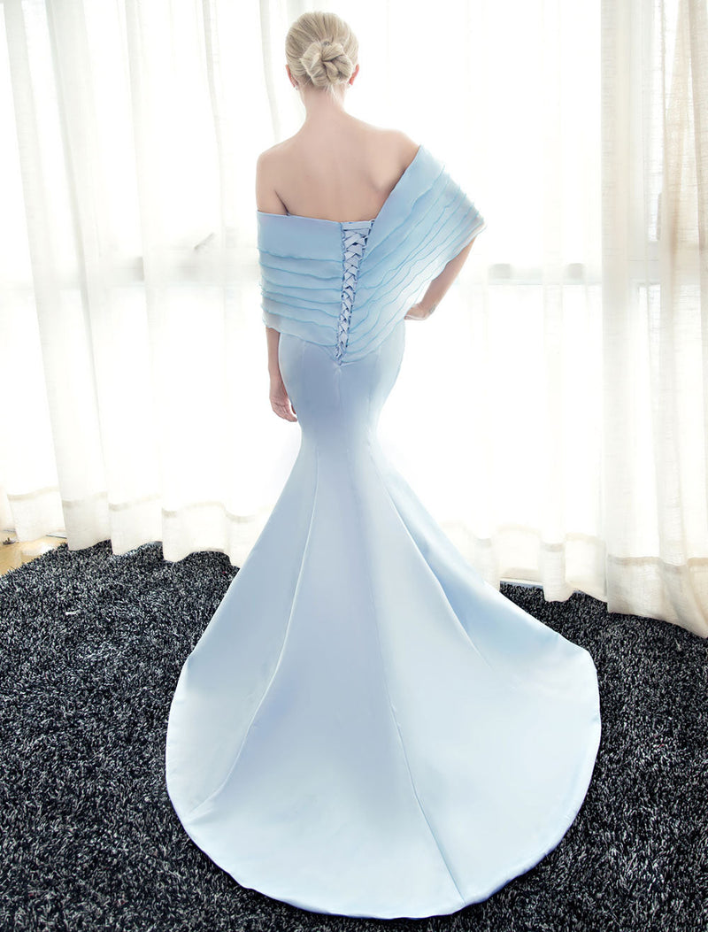 Glamorous Blue Evening Dresses Off Shoulder Mermaid Evening Gown Pleated Satin Formal Dress With Train wedding guest dress-Ballbella