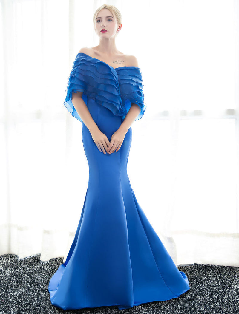 Glamorous Blue Evening Dresses Off Shoulder Mermaid Evening Gown Pleated Satin Formal Dress With Train wedding guest dress-Ballbella