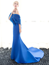 Glamorous Blue Evening Dresses Off Shoulder Mermaid Evening Gown Pleated Satin Formal Dress With Train wedding guest dress-Ballbella