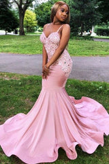 Glamorous Blushing Pink Straps Appliques Sequins Mermaid Prom Dresses-Ballbella