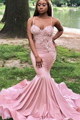 Glamorous Blushing Pink Straps Appliques Sequins Mermaid Prom Dresses-Ballbella