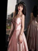 Glamorous Evening Dress A-Line Strapless Floor-Length Sleeveless Lace-up Party Dresses Bean Paste Pink Pageant Dress-Ballbella