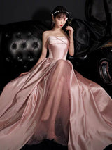 Glamorous Evening Dress A-Line Strapless Floor-Length Sleeveless Lace-up Party Dresses Bean Paste Pink Pageant Dress-Ballbella