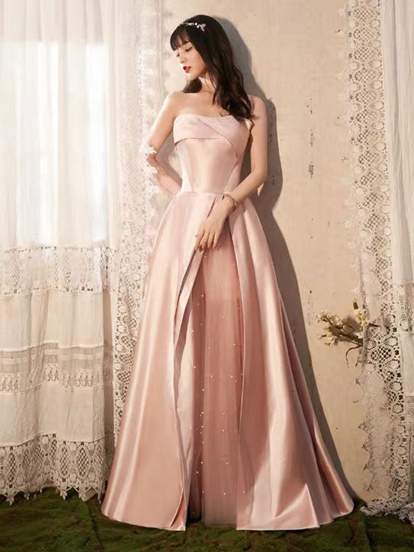 Glamorous Evening Dress A-Line Strapless Floor-Length Sleeveless Lace-up Party Dresses Bean Paste Pink Pageant Dress-Ballbella