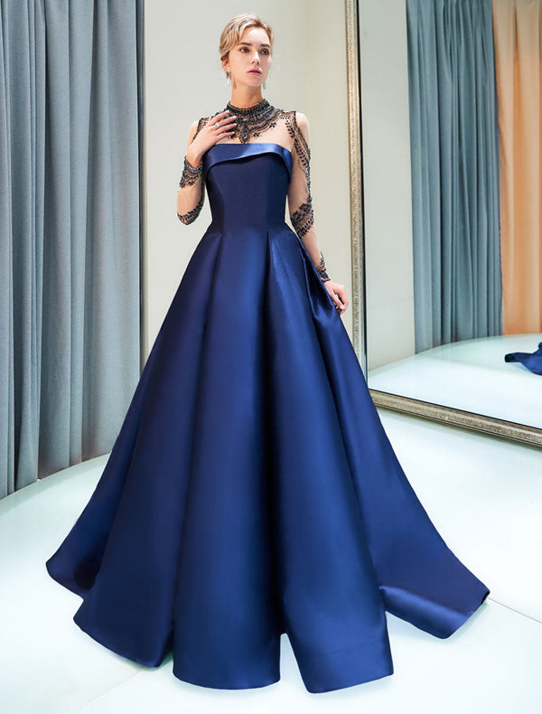 Glamorous Evening Dresses Luxury Dark Navy Satin A Line Long Sleeve Lace Illusion High Collar Quinceanera Dress-Ballbella