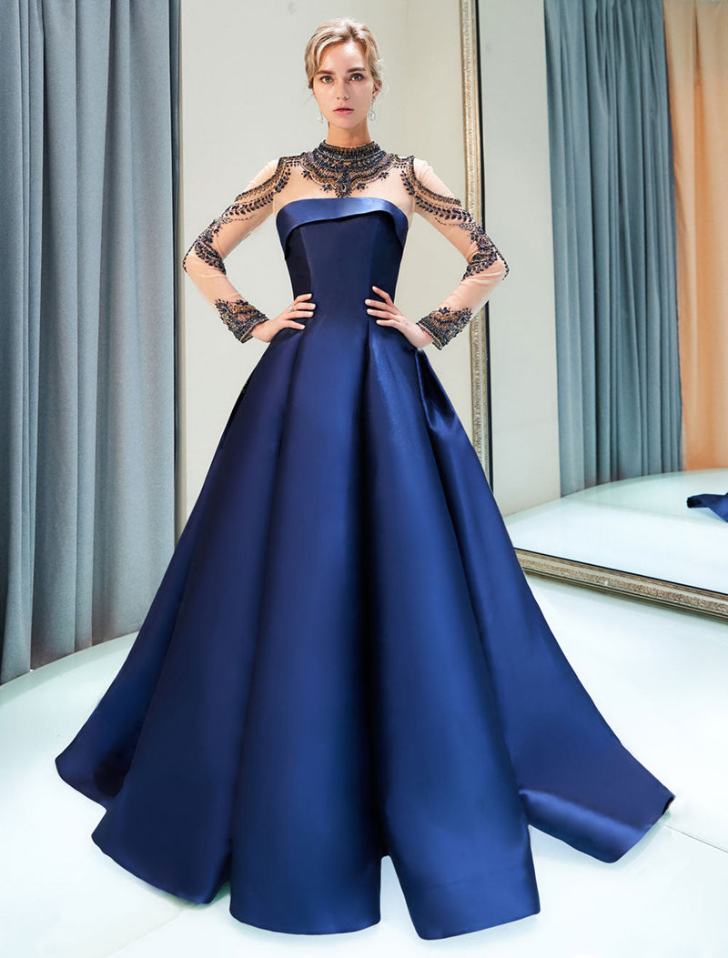 Glamorous Evening Dresses Luxury Dark Navy Satin A Line Long Sleeve Lace Illusion High Collar Quinceanera Dress-Ballbella