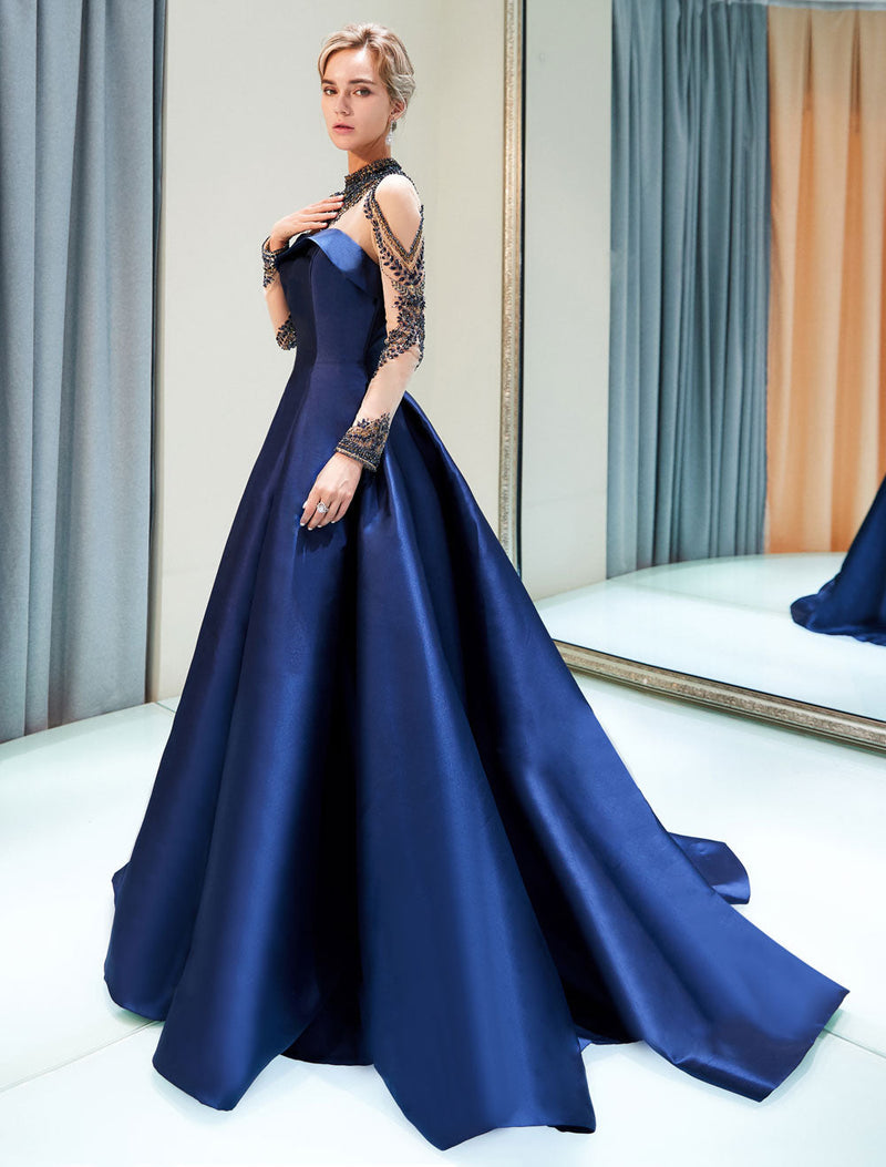 Glamorous Evening Dresses Luxury Dark Navy Satin A Line Long Sleeve Lace Illusion High Collar Quinceanera Dress-Ballbella