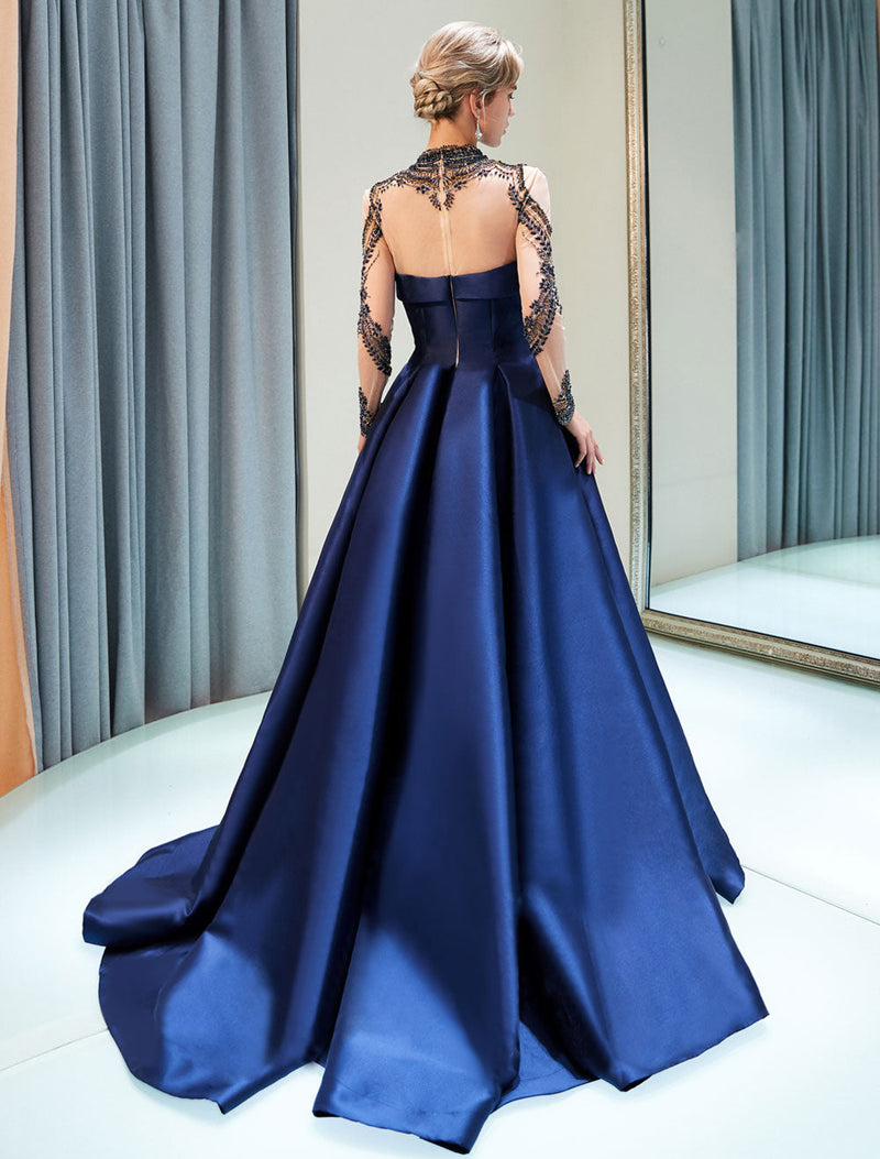 Glamorous Evening Dresses Luxury Dark Navy Satin A Line Long Sleeve Lace Illusion High Collar Quinceanera Dress-Ballbella