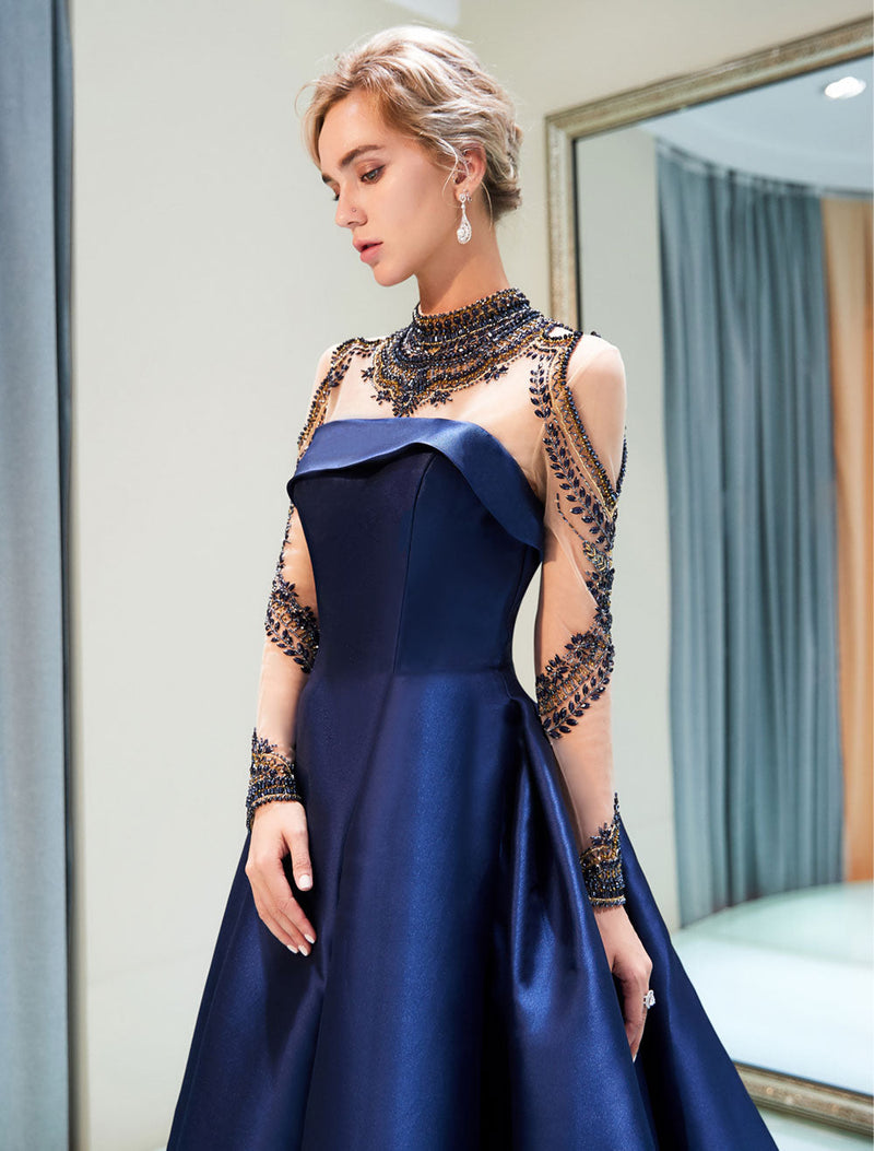 Glamorous Evening Dresses Luxury Dark Navy Satin A Line Long Sleeve Lace Illusion High Collar Quinceanera Dress-Ballbella