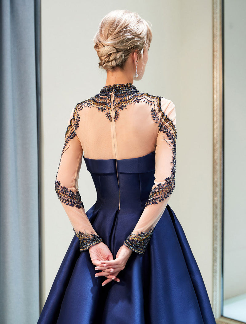 Glamorous Evening Dresses Luxury Dark Navy Satin A Line Long Sleeve Lace Illusion High Collar Quinceanera Dress-Ballbella