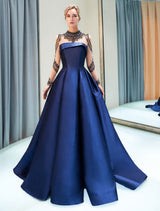 Glamorous Evening Dresses Luxury Dark Navy Satin A Line Long Sleeve Lace Illusion High Collar Quinceanera Dress-Ballbella