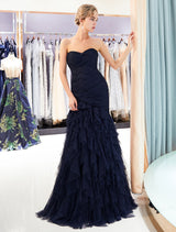 Glamorous Evening Dresses Luxury Dark Navy Strapless Sweetheart Tiered Maxi Mermaid evening dress-Ballbella