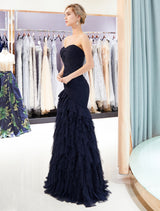 Glamorous Evening Dresses Luxury Dark Navy Strapless Sweetheart Tiered Maxi Mermaid evening dress-Ballbella