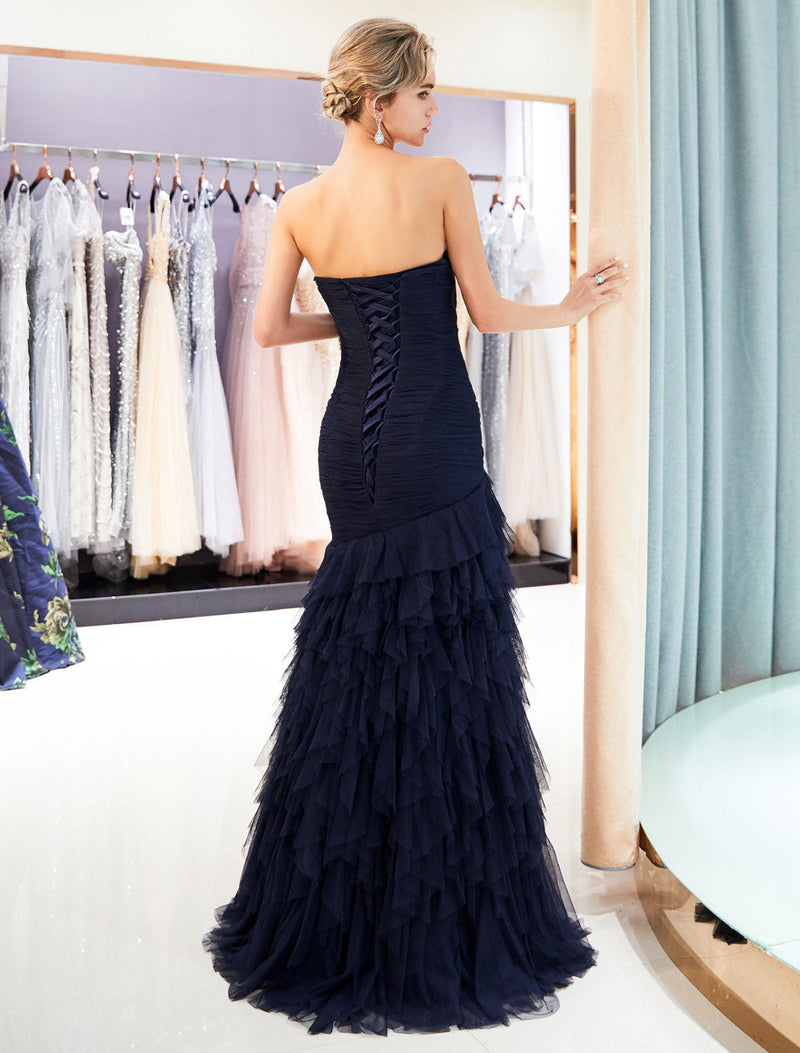 Glamorous Evening Dresses Luxury Dark Navy Strapless Sweetheart Tiered Maxi Mermaid evening dress-Ballbella