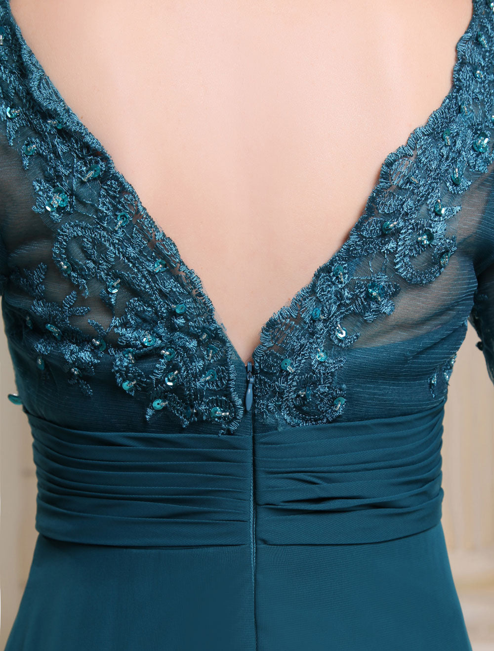 Glamorous Ink Blue Evening Dress Lace Applique Beading V Neck Half Sle –  Ballbella