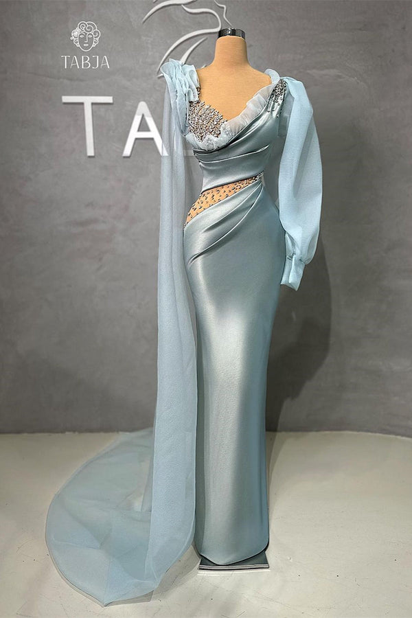 Glamorous Long Mermaid V-neck Long Sleeves Prom Dress With Ruffles And Stones-Ballbella