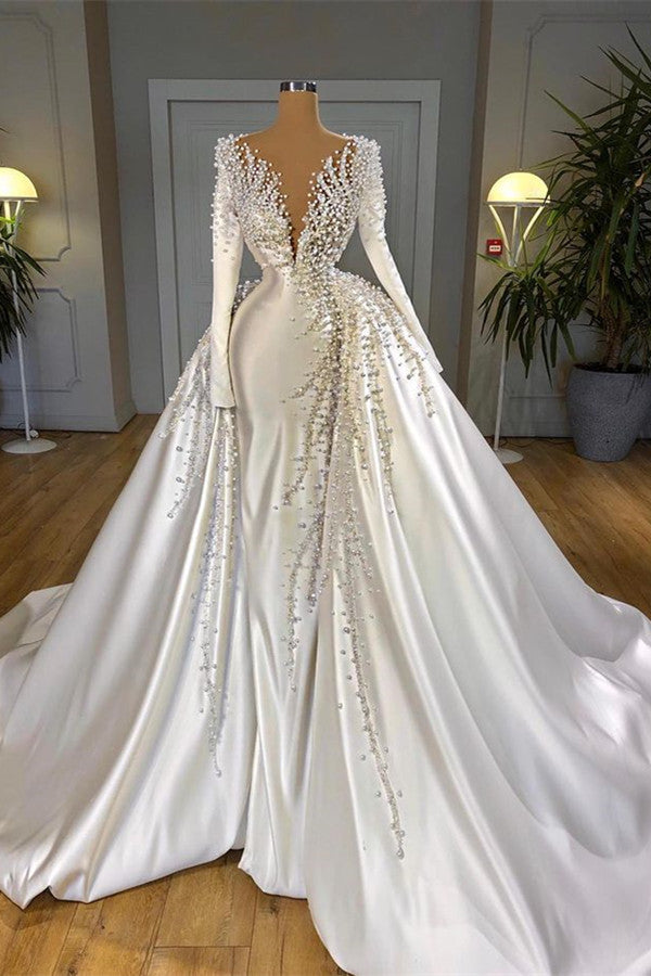 Glamorous Long Sleeve Pearls Wedding Dress V-Neck With Detachable Train Online-Ballbella