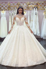 Glamorous Long Sleeves Lace Princess Wedding Dress Ball Gown High Neck-Ballbella