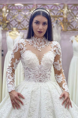 Glamorous Long Sleeves Lace Princess Wedding Dress Ball Gown High Neck-Ballbella