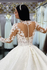 Glamorous Long Sleeves Lace Princess Wedding Dress Ball Gown High Neck-Ballbella