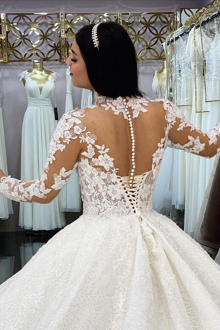 Glamorous Long Sleeves Lace Princess Wedding Dress Ball Gown High Neck-Ballbella