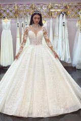 Glamorous Long Sleeves Lace Princess Wedding Dress Ball Gown High Neck-Ballbella