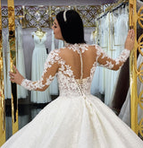 Glamorous Long Sleeves Lace Princess Wedding Dress Ball Gown High Neck-Ballbella