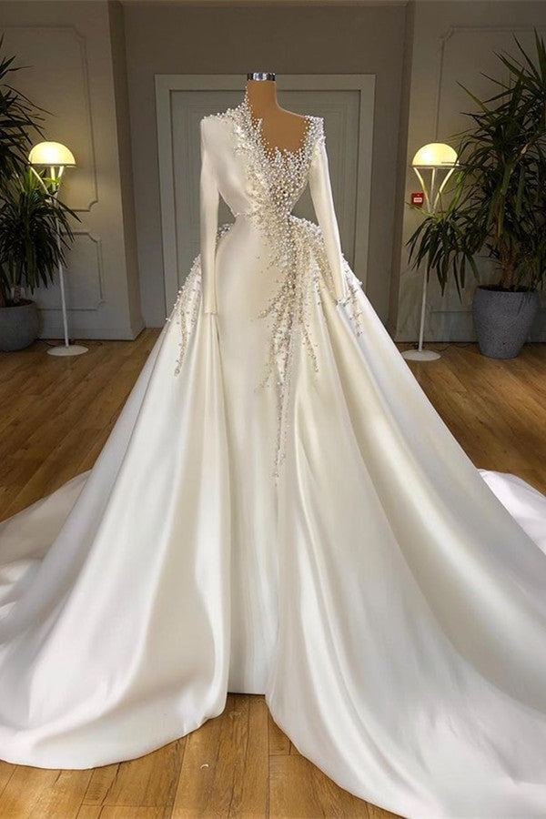 Glamorous Long Sleeves Pearls Wedding Dresses Mermaid With Detachable Train-Ballbella