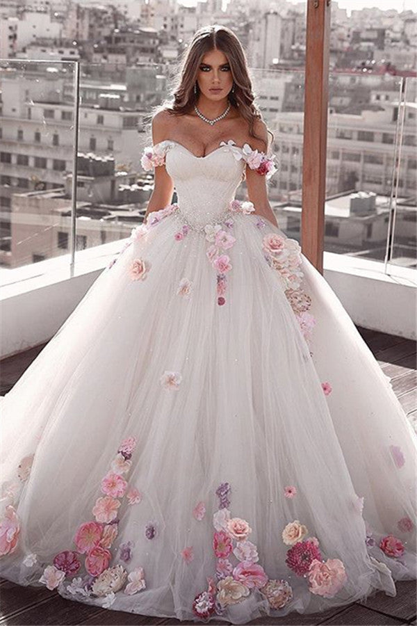 Glamorous Off The Shoulder Flower Ball Gown Wedding Dresses-Ballbella