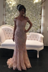 Glamorous Pink Off-the-shouder Prom Dresses Glitter Lace Mermaid Evening Gowns-Ballbella