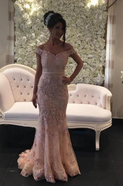 Glamorous Pink Off-the-shouder Prom Dresses Glitter Lace Mermaid Evening Gowns-Ballbella