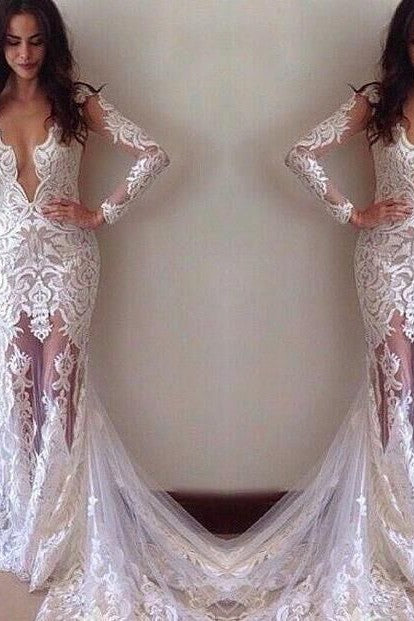 Glamorous Sheath Long Sleeves Lace Appliques Modern Wedding Dress-Ballbella