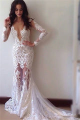 Glamorous Sheath Long Sleeves Lace Appliques Modern Wedding Dress-Ballbella