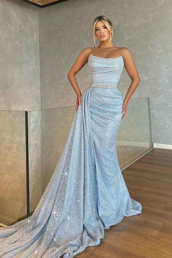 Glamorous Strapless Sequins Mermaid Prom Dress Long With Ruffles-Ballbella