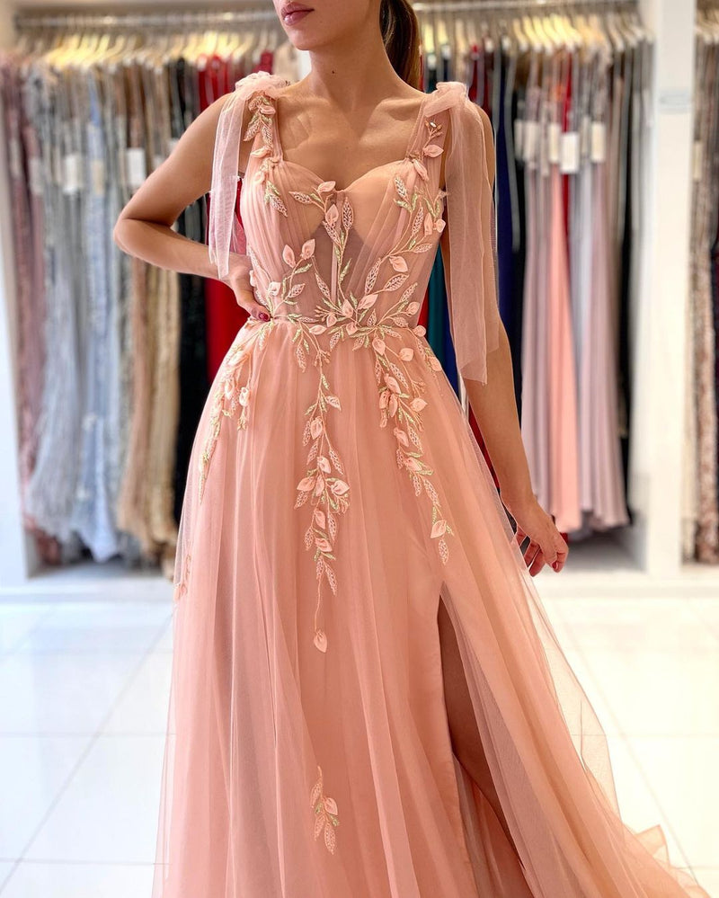 Glamorous Sweetheart Straps Tulle Evening Dress Long With Split-Ballbella