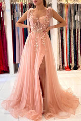 Glamorous Sweetheart Straps Tulle Evening Dress Long With Split-Ballbella