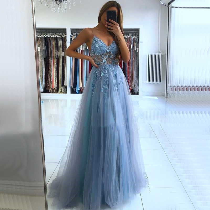 Glamorous V-neck Spaghetti-Straps Tulle Prom Dress Beadings Long Evening Gowns-Ballbella