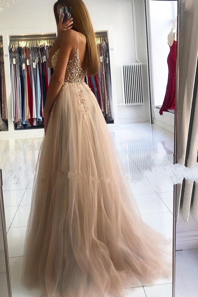 Glamorous V-neck Spaghetti-Straps Tulle Prom Dress Beadings Long Evening Gowns-Ballbella