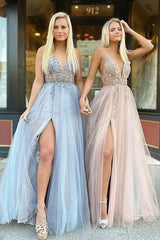 Glamorous V-neck Spaghetti-Straps Tulle Prom Dress Beadings Long Evening Gowns-Ballbella