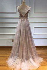 Glamorous V-neck Spaghetti-Straps Tulle Prom Dress Beadings Long Evening Gowns-Ballbella