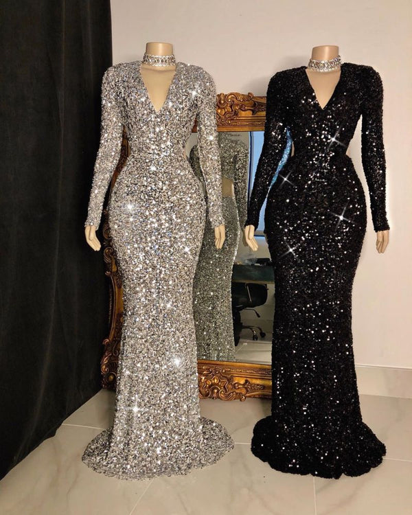 Glittering Crystal Sequins Long Sleevess V-neck Mermaid Prom Dresses-Ballbella