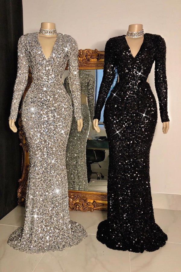 Glittering Crystal Sequins Long Sleevess V-neck Mermaid Prom Dresses-Ballbella