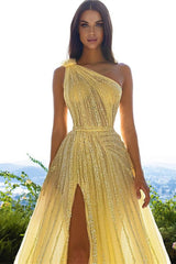 Glittering One Shoulder Daffodil Sequins Prom Dress Long Split Online-Ballbella